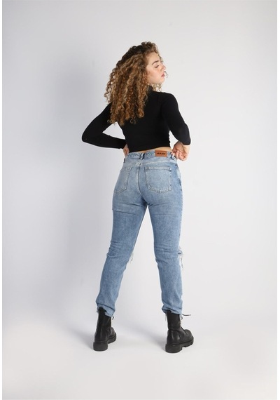 Mom Kalıp Diz Ve Paça Lazerli Denim Pantolon 001