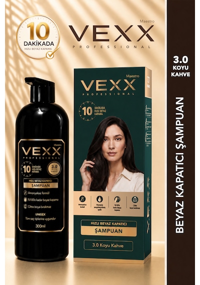 Vexx Professional Beyaz Kapatıcı Pratik Boya Şampuan Koyu Kahve 3.0 Amonyaksız Formül 300 Ml.
