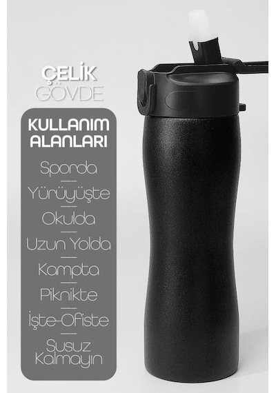 Pipetli Paslanmaz Çelik Matara - 304 Çelik Spor Suluk Bpa İçermez Taşınabilir Tasarım - Siyah Renk Siyah