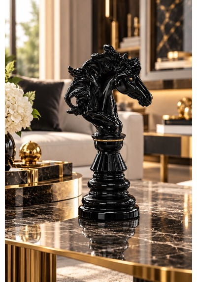Siyah At Figürü Dekoratif Biblo 33 Cm Gold Detaylı Lüks Tasarım