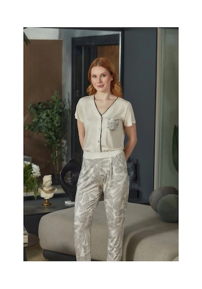 Angbutik Aqua 26602 Kadın Kısa Kol Pijama Takımı Bej