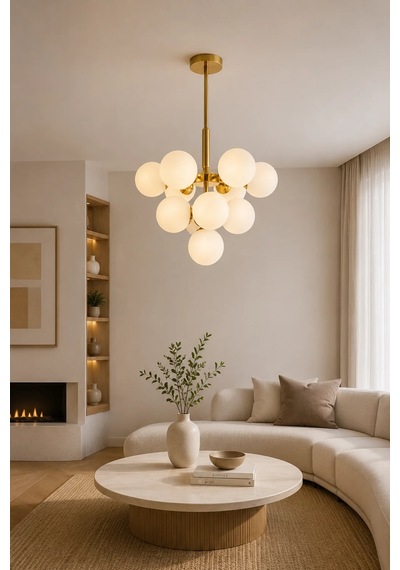 Modern Premium 11'li Gold Opal Küre Avize Modern Sarkıt Avize Salon Yemek Odası Avizesi 11xe14