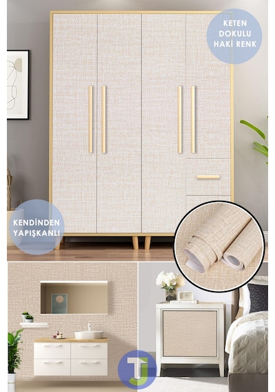 Technojet Kendinden Yapışkanlı Keten Görünümlü Mutfak Banyo Tezgah Duvar Dolap Masa Kaplama 60x500cm 001
