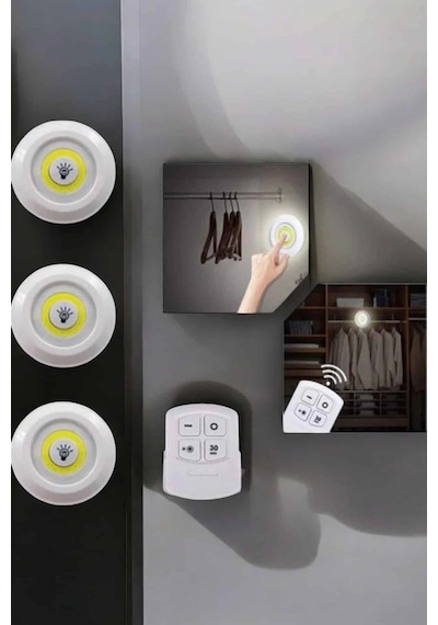 Mey İthalat Spot Lamba Led Işık 3'lü Uzaktan Kumandalı Pilli Yapışkanlı Kablosuz Çok Renkli 23979176