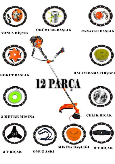 Prowackers German Wz-8900 Ultra Yan Tipi Benzinli Ot Çalı Çim Biçme Tırpanı+ 12 Pcs Komple Setli