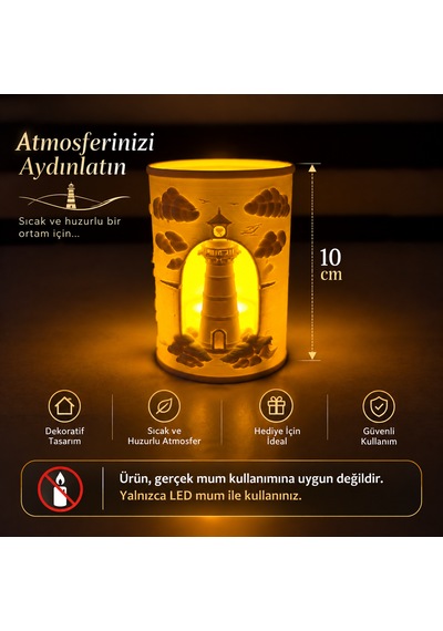 Deniz Feneri Tasarımlı Dekoratif Led Mumluk 10 Cm Lighthouse Temalı Dekoratif Aydınlatma .