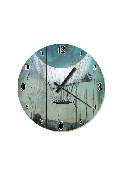 Ahşap Zeminde Balona Bağlı Uçan Kayık Duvar Saati Ahşap