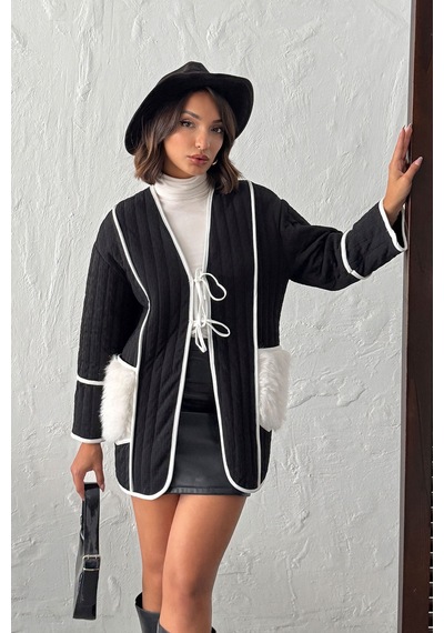 Verymoda Peluş Cep Detaylı Kapitone Ceket Siyah