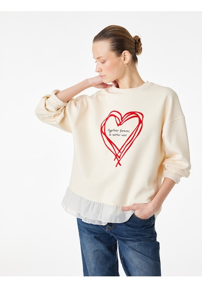Koton Uzun Kollu Bisiklet Yaka Kalp Baskılı Sweatshirt Ekru 6sak10185ek