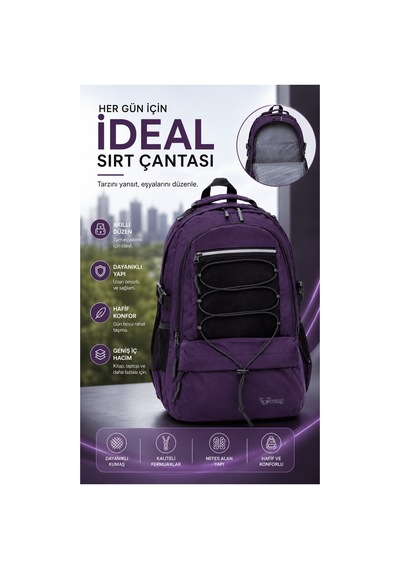 Kaff Young 51534 Purple Mor Unisex Çok Cepli Suya Dayanıklı Sırt Çantası