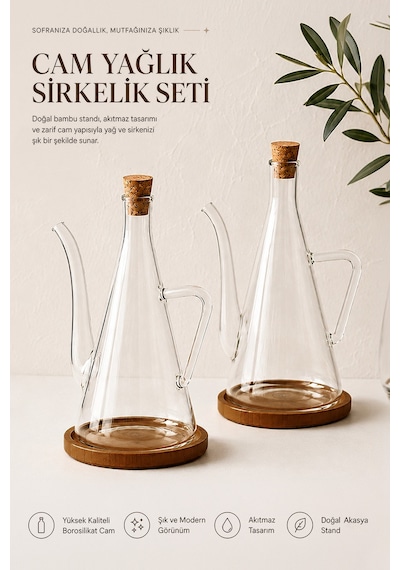 4 Parça Akasya Altlıklı Borosilikat Yağlık Sirkelik Seti 500 Ml Sızdırmaz Yağdanlık Seti Şeffaf