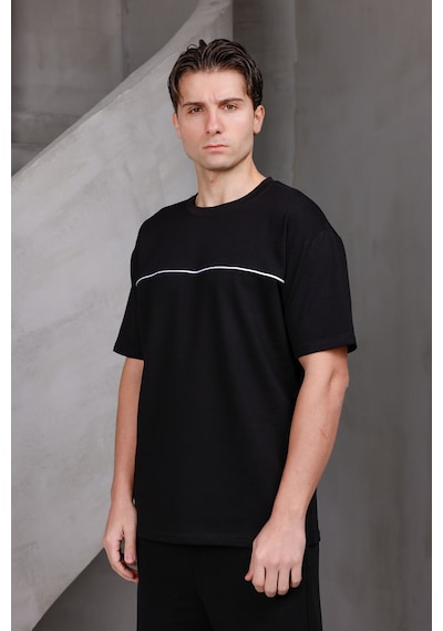 Erkek Garnili Şeritli Oversize Bisiklet Yaka 2 İki İplik Kompakt T-shirt Siyah