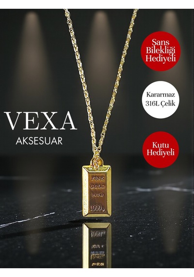 Külçe Altın Görünümlü Kararmaz 316l Çelik Kolye Stainless Steel - Kutu Ve Şans Bilekliği Hediye Altın
