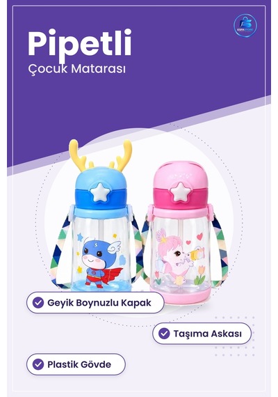 Geyik Boynuzlu Matara Çocuk Suluk Pipetli Asklı Kapaklı Plastik Ş Çok Renkli