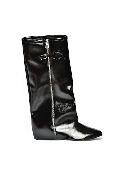 Fox Shoes V380526460 Siyah Rustik Düz Taban Fermuar Detaylı Kadın Çizme Siyah