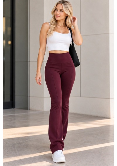 Bul-al Kadın Yüksek Bel Fit Kesim Flara Paça Pantolon Bordo