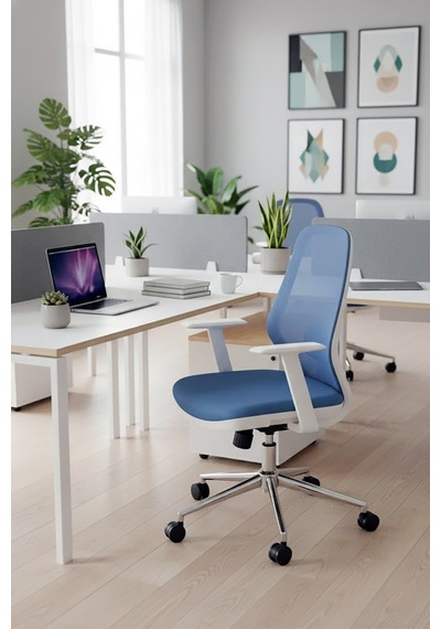 Ofisbazaar Dali Beyaz Fileli Çalışma Koltuğu Ergonomik Şef Ve Toplantı Koltuğu Açık Mavi Mavi
