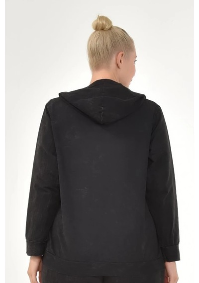 Mia Butik Kadın Büyük Beden İtalyan Yıkama Siyah Kapşonlu Sweatshirt Siyah