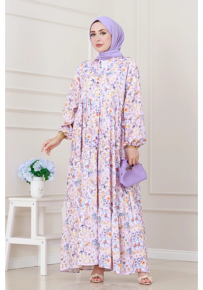 Sevitli Lilyum Çiçekli Elbise-lila-5255 Lila