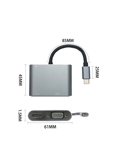 4 Ü 1 Arada Type-c To Hub Dönüştürücü Adaptör 4k Ultra Hd Hdmı & Vga Görüntü Aktarımı, Pd Hızlı Şa