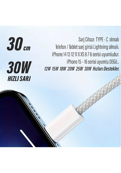 30cm Apple Uyumlu iPhone Şarj Kablosu Type C Lightning Hızlı 14 13 12 11