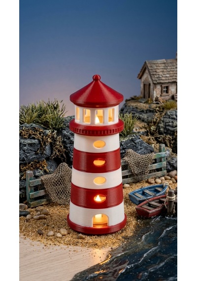 Dekoratif Tasarım Deniz Feneri Tealight - Kırmızı Beyaz Çok Renkli