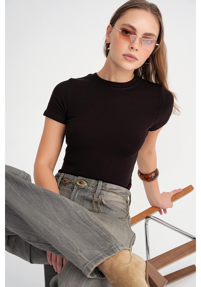 Mixray 2010 Kadın Slim Fit Basic T-shirt Kahve