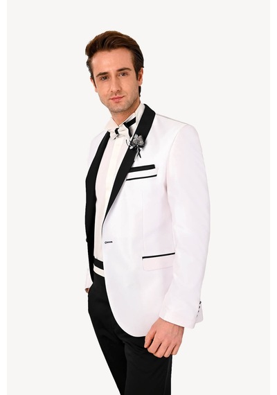 Ysf Erkek Beyaz Şal Yaka Slim Fit Damatlık