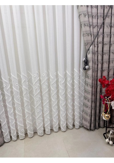 Nivemeshome Sedef 1-094p Yarı Desen Ekru 1/3 Pileli Tül Perde