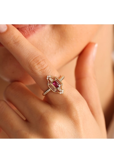 14 Ayar Altın Ruby Yüzük Özel Tasarım Coral T11013 Renkli