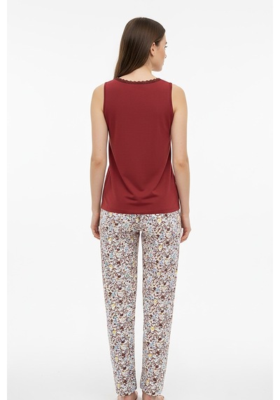 Kompedan Kadın % 100 Ring Viskon V Yaka Altı Desenli Kalın Askılı Pijama Takımı Kiremit 40108-4770