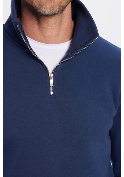 Tudors Unisex Relax Fit Rahat Kesim Pamuklu İçi Polarlı Yarım Fermuarlı Lacivert Dik Yaka Sweatshirt-31450 Lacivert