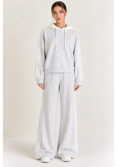 Mevese Kadın Kapüşonlu Oversize Sweatshirt & Bol Eşofman Altı İkili Takım- Gri-beyaz