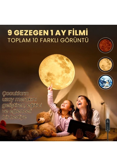 Upway 10 U 1 Arada Gezegen Ve Ay Projektörü - Eğitici Hd Gece Lambası 10 Parça Siyah