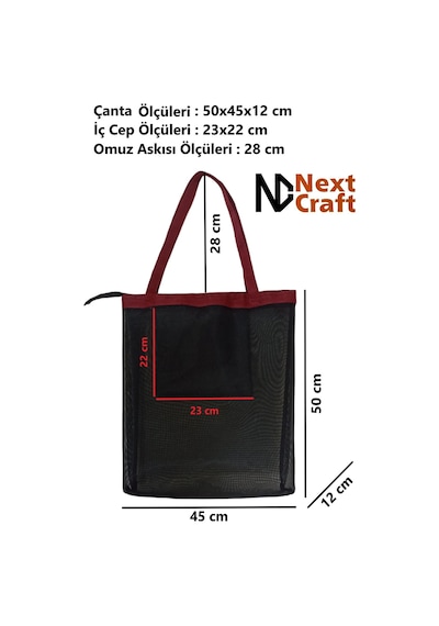Next Craft Plaj Çantası Fileli Omuz Askılı İç Cepli Plaj Çantası Büyük Boy Siyah
