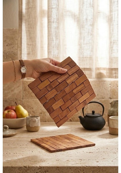 Atbyhome 2'li Isıya Dayanıklı Doğal Bambu Nihale Seti 18x18 Cm - Sıcak Tencere Çaydanlık Tava Altlığı
