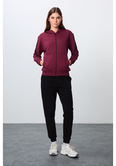 Tommy Life Erguvan-siyah Kompakt Pamuklu Kalın Pürüzsüz Dokulu Kapüşonlu Oversize Fit Kadın Eşofman Takım - 95 Mor