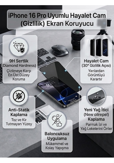 Iphone 16 Pro Uyumlu Ekran Koruyucu Hayalet Cam