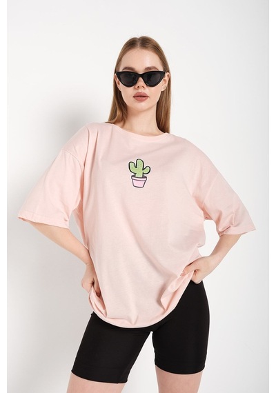 Flood Of Style Kadın Pembe Cactus Logo Baskılı Oversize T-shirt