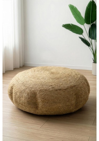 Digithome Dekoratif Yuvarlak Naturel Yassı Hasır Jüt Puf 60x20 -12081 Kahverengi
