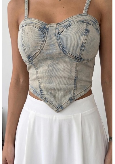 Herton Denim Büstiyer Kadın Askılı Crop Jean Üst Korse Form Çok Renkli