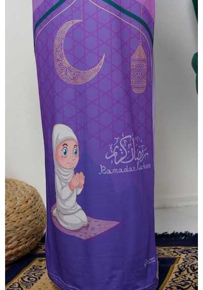 Çocuk Namaz Takımı Pratik Tek Parça Desenli Kollu Tak Çıkar Başörtülü Likralı Tesettür Elbise 6-12 Yaş 925-0201 Mor