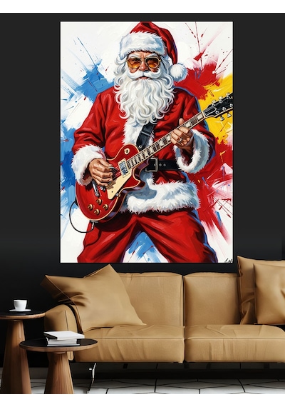 Ahşap Tablo Noel Baba Gitar Çalıyor Rock Hayvan Tabloları