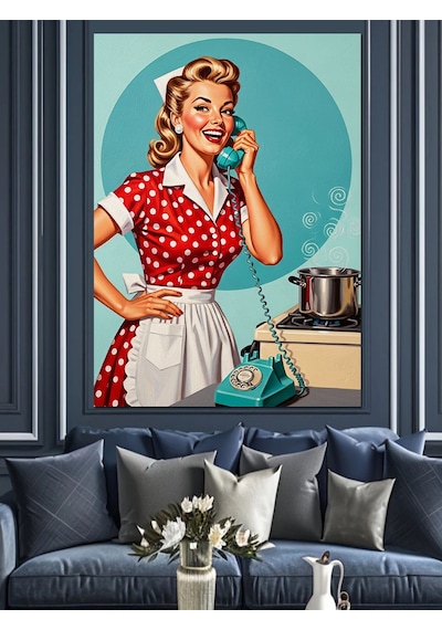 Telefonda Konuşan Retro Kadın Dekoratif Kanvas - Mdf Ahşap Tablo