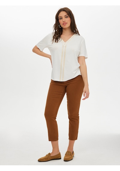 Faik Sönmez Gold Trok Taş Detaylı V Yaka Kısa Kol T-shirt S25tsh069 Us25tsh06973 Ekru