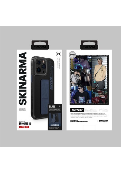 Apple Uyumlu iPhone 15 Pro Max Kılıf Skinarma Standlı Deri Görünümlü Slate Kapak Mavi