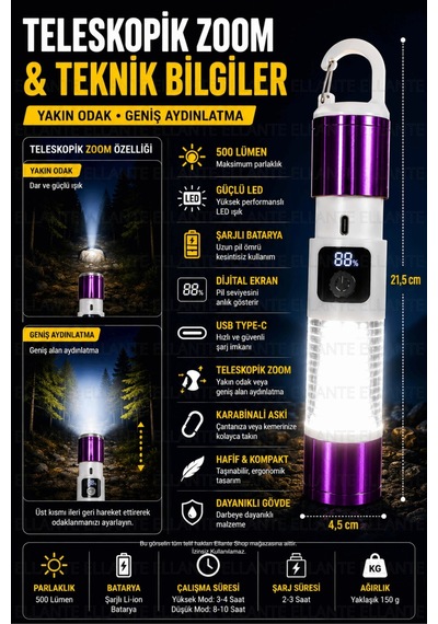 Şarjlı Kamp Feneri Usb Type-c 500 Lümen Dijital Pil Göstergeli Led El Feneri Zoomlu Kamp Ve Acil Dur Çok Renkli
