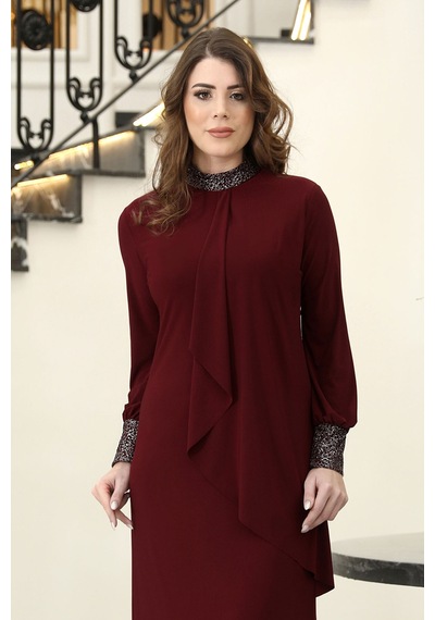 Raika Moda Sim Detaylı Efsane Tesettür Abiye Elbise Bordo