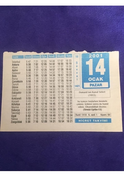 14 Ocak 2001 Takvim Yaprağı - Nostalji Koleksiyonluk Takvim Yaprağı