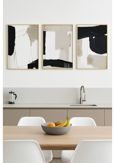 Abstract Remains - Gerçek Cama Baskı Gold Alüminyum Metal Çerçeveli 3'lü Modern Tablo